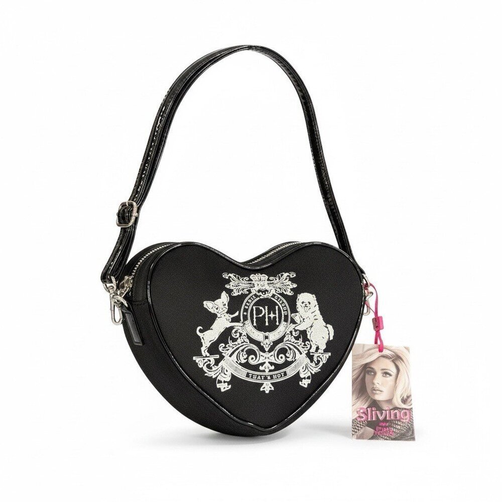 NWT Paris Hilton Black Velvet Hart Crest Crossbody Heart Shaped Purse Bag